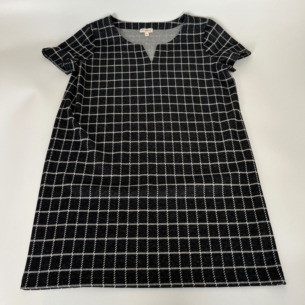 Jane and Delaney Black White Grid Shift Dress Short Sleeve Notched Neck Large